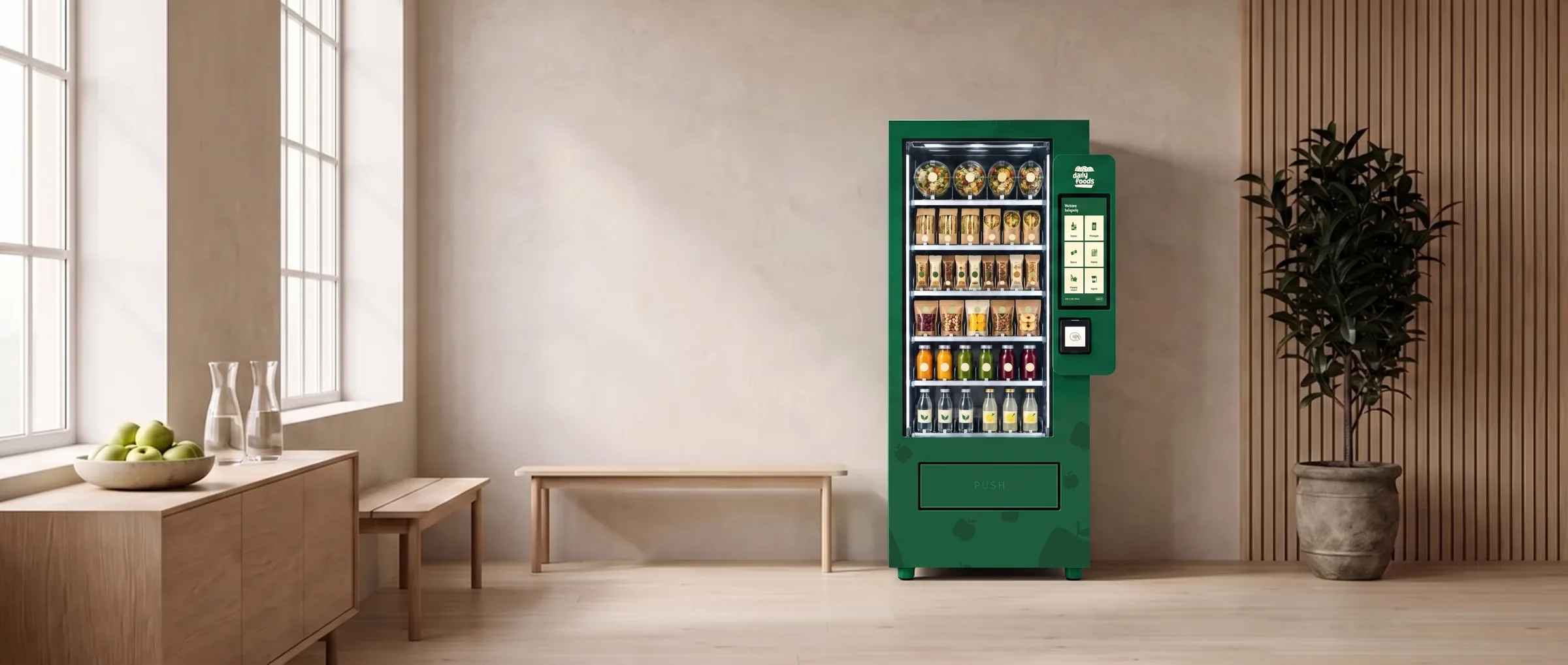 Zielony automat DailyFoods w jasnej biurowej kuchni, obok blat z jabłkami i sokami