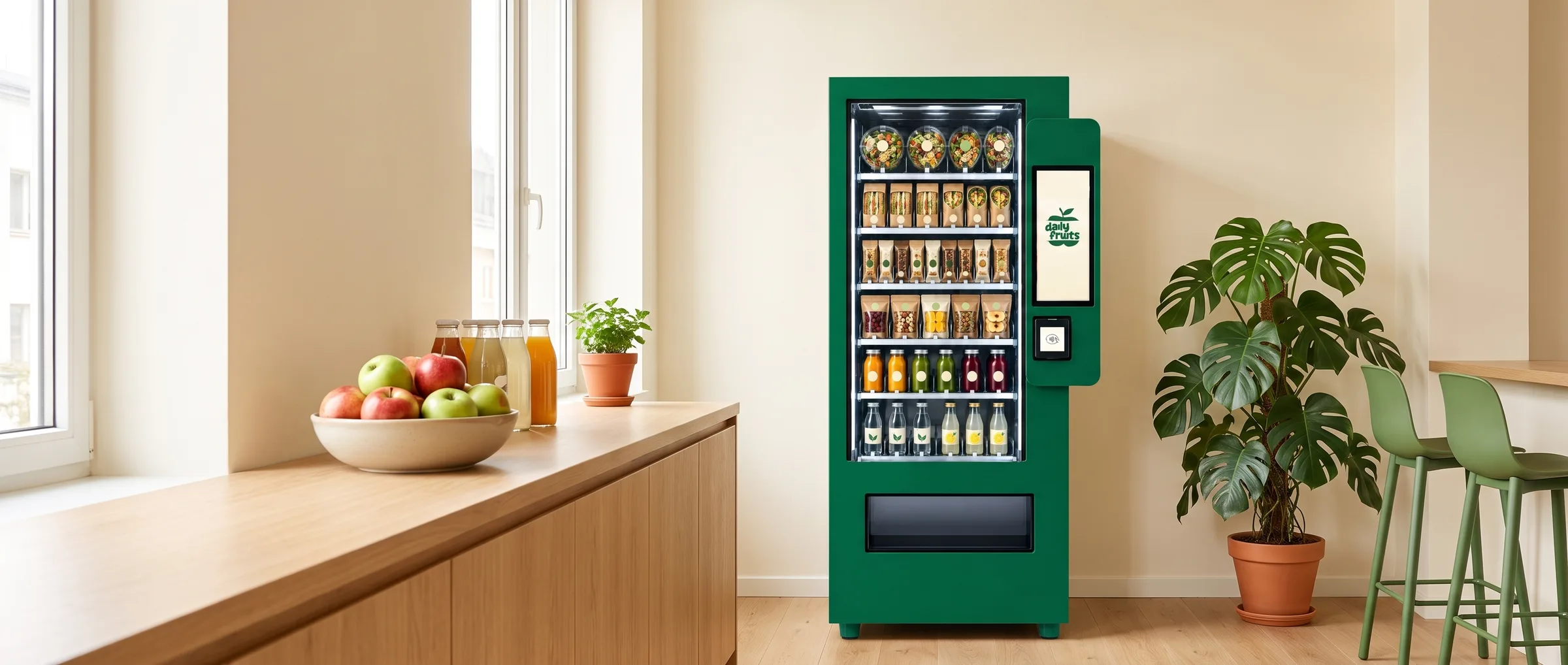 Zielony automat DailyFruits w jasnej biurowej kuchni, obok blat z jabłkami i sokami