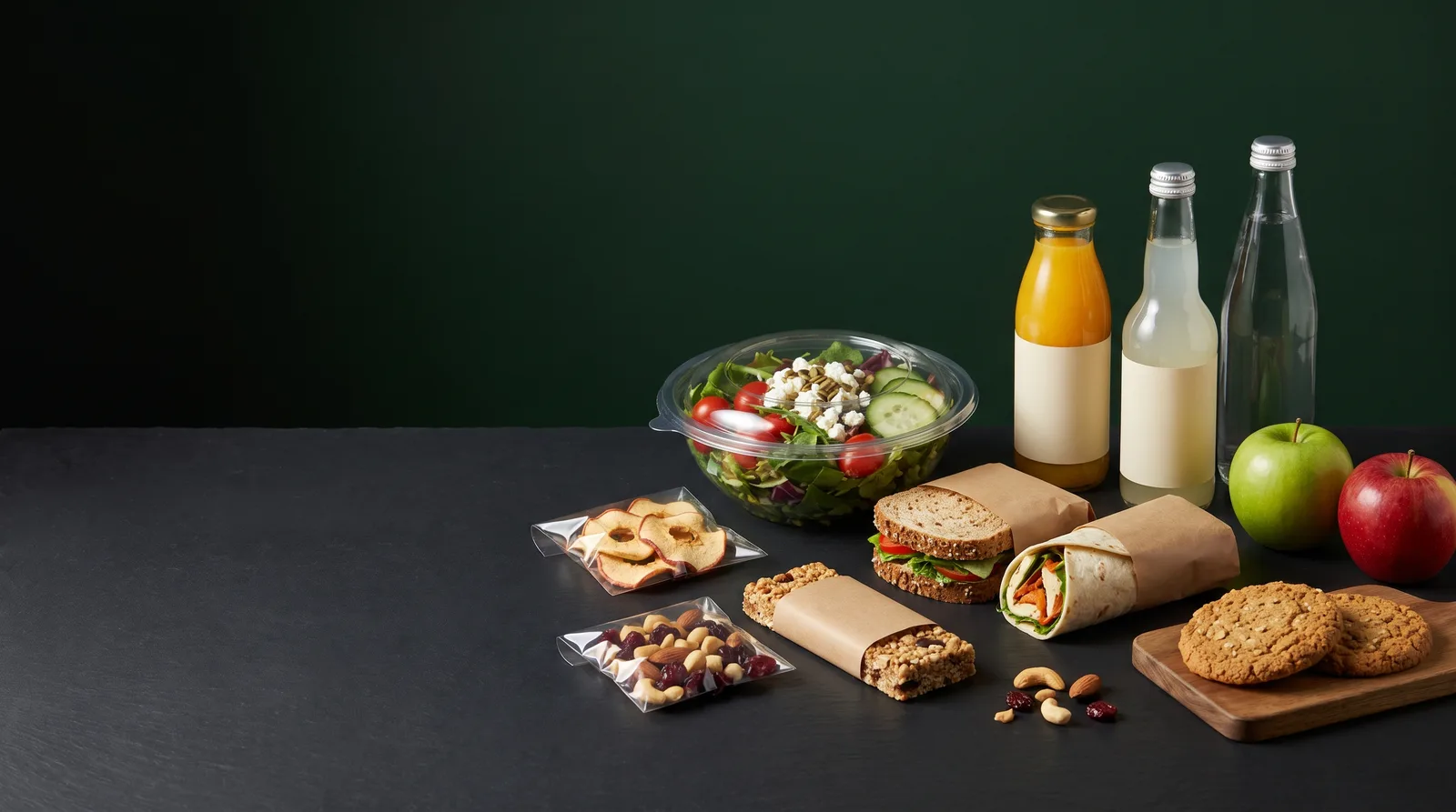 Produkty z automatu: sałatka, kanapka, wrap, baton, chipsy jabłkowe, bakalie, ciasteczka, sok, lemoniada, woda i jabłka